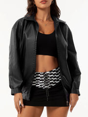 Women Long Sleeve Collared Loose Leather Jacket