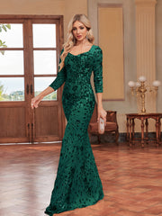 3/4 Sleeve Sequin Slim Fishtail Cocktail Evening Dress