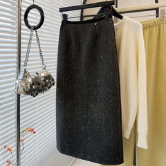 Woolen Dark Sequin High Waist Back Slit Skirt