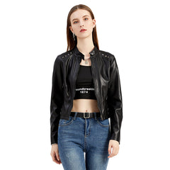 Women Rivets Leather Short Thin Stand Collar Jacket