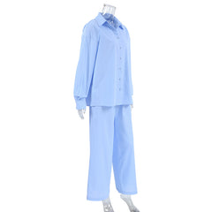 Blue Cotton Loose Long-Sleeved Pajamas Two Piece Set