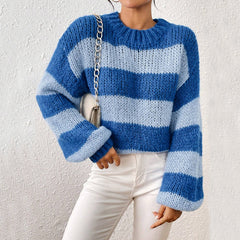 Women Round Neck Long Sleeves Stripes Sweater