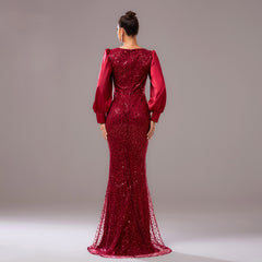 Long Sleeve Round Neck Rhinestone Sequined Evening Dress