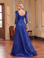 Elegant Sequin Blue Long Sleeved Evening Dress