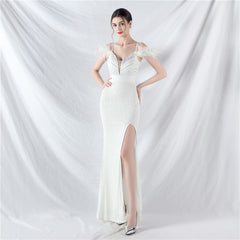 Elegant Ostrich Feather Sequin Evening Dress