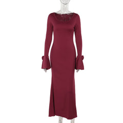 Elegant Round Neck Rose Decorative Long Sleeve Formal Dress