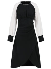 Retro Contrast Color Asymmetric Long Sleeves Dress