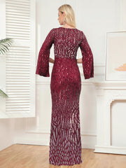 Long Sleeve Deep V Plunge Sequin Fishtail Evening Dress