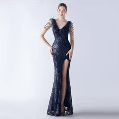 Elegant Feather Beaded Long Sequined Evening Dress