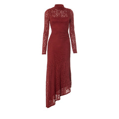 Women Lace Stitching Pleated Long Sleeve Dress