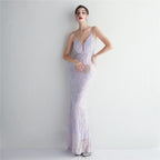 REVCHIC LUXE Elegant V-Neck 3D Floral Sequin Maxi Gown