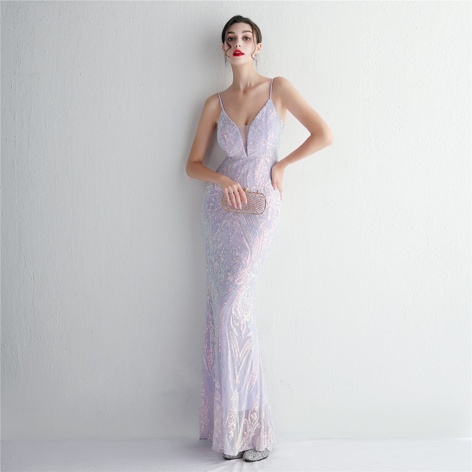 REVCHIC LUXE Elegant V-Neck 3D Floral Sequin Maxi Gown