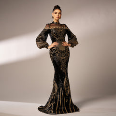 Long Sleeve Sequined Lace Mesh Printed Evening Dress