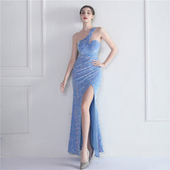 Elegant Velvet Bottom Sequin One Shoulder Evening Dress