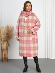 Women Plaid Woolen Elegant Double-Breasted Scarf Coat