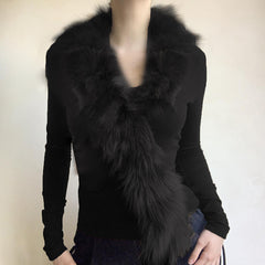 Elegant Fur Collar Stitching Black Sweater Top