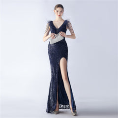 Elegant Feather Beaded Long Sequined Evening Dress