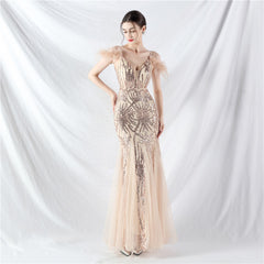 Elegant Ostrich Feather Mesh Sequin Evening Dress