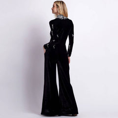 Long Sleeve Beaded Diamond Wide Leg Jumpsuit