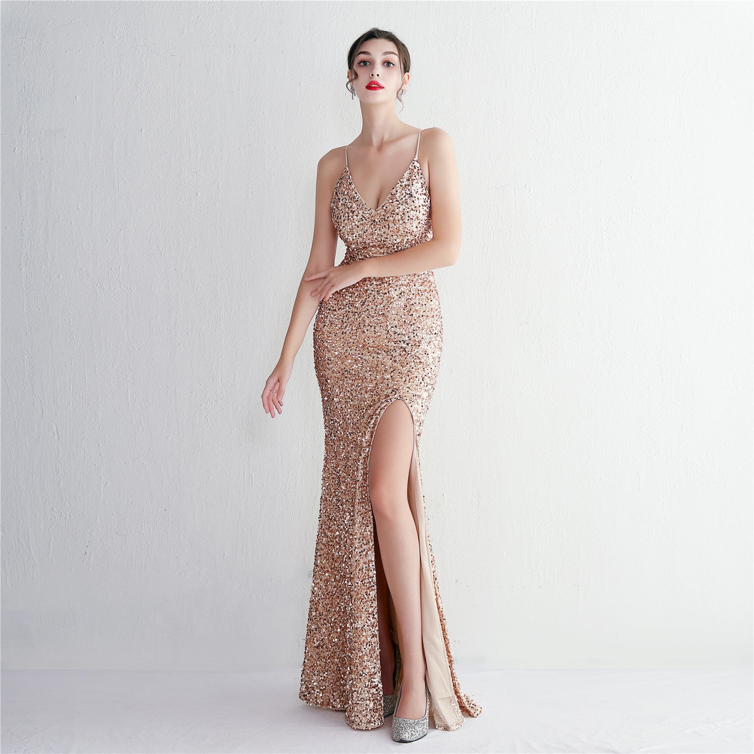 REVCHIC LUXE Elegant Velvet Sequin Sleeveless Maxi Gown