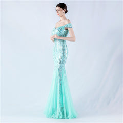 Elegant Off Shoulder Beaded Mesh Sequin Evening Dress