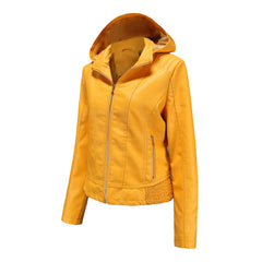 Women's Detachable Hat Hooded Fleece-Lined Leather Jacket