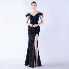 Elegant  Ostrich Feather Sequined Long Evening Dress