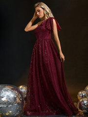 Elegant Tie Neck Sequined One Shoulder Evening Dress