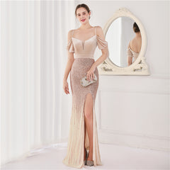 Elegant Velvet Short Sleeve Spaghetti Straps Evening Dress