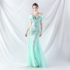 Craft Order Ostrich Hair Sequin Stitching Mesh High End Evening Dress