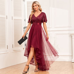 Elegant V Neck Ruffled Short Sleeves Tulle Asymmetric Evening Dress