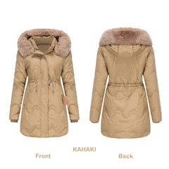 Women Detachable Hat Wool Warm Parka Mid Length Coat