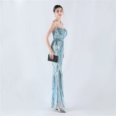 Elegant Boning Corset Floral Sequin Beaded Strap Evening Dress