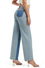 Women Mid Waist Straight Contrast Color Jeans