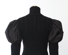 Black Short Turtleneck Puff Sleeve Sweater Top