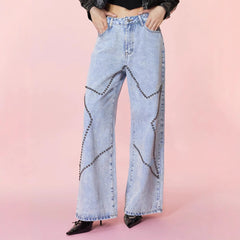 Women Loose Retro Beaded Jeans