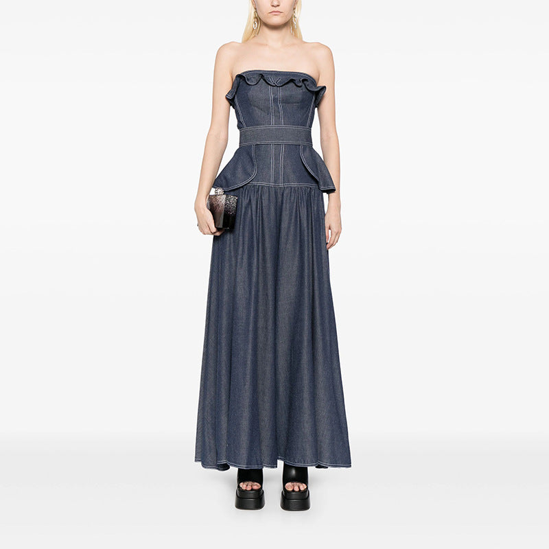 Elegant Denim Ruffled Tube Top Daily Dress