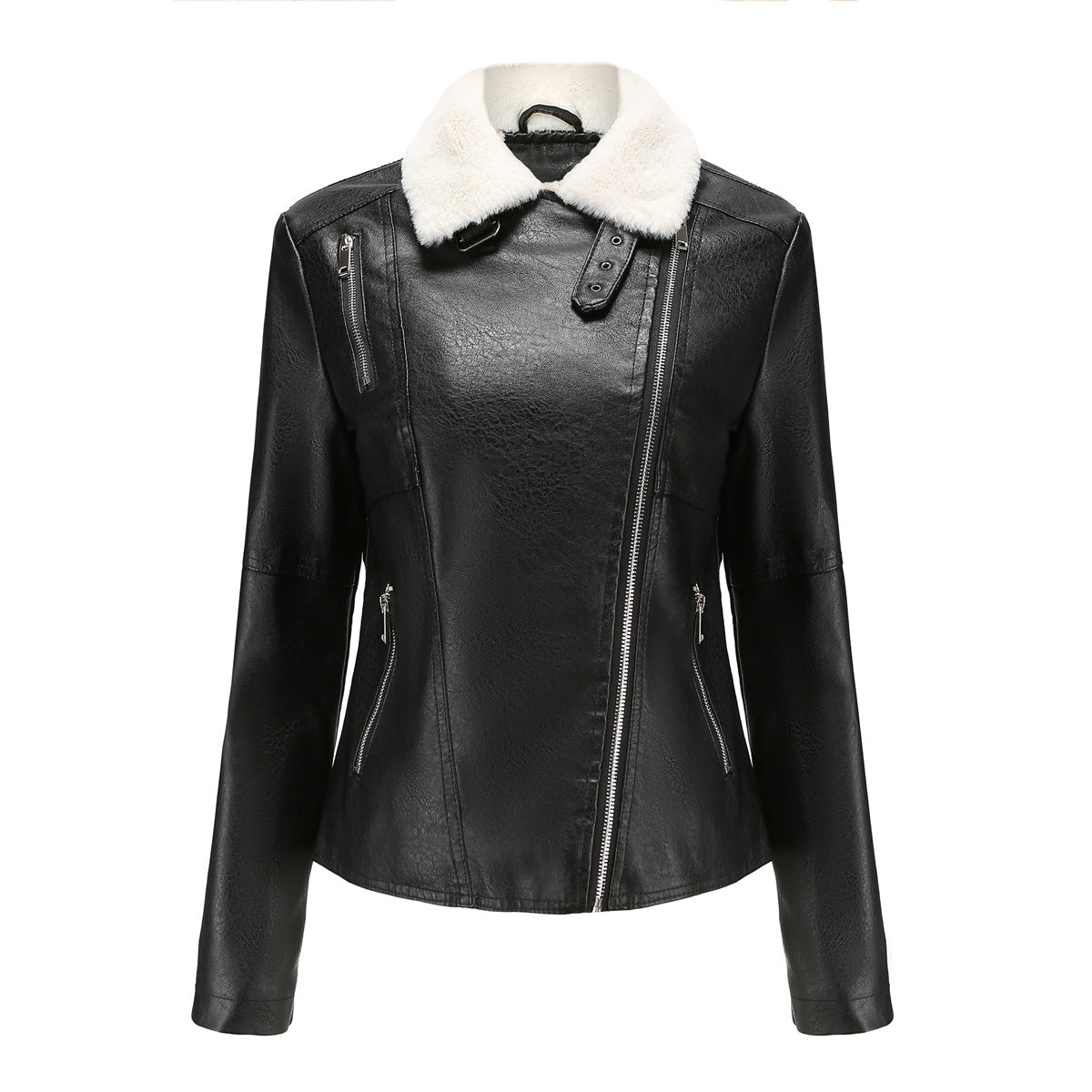 Women Fleece lined Long Sleeve Warm Fur Leather Jacket