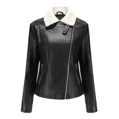 Women Fleece lined Long Sleeve Warm Fur Leather Jacket