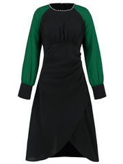 Retro Contrast Color Asymmetric Long Sleeves Dress