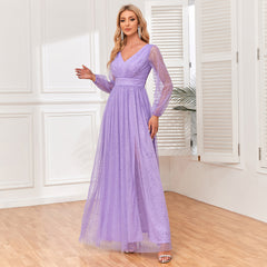 Elegant  V Neck Sheer Long Sleeve Tulle Shiny Evening Dress