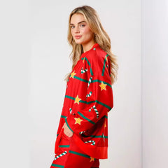 Christmas Printed Button Long Sleeve Two Piece Set