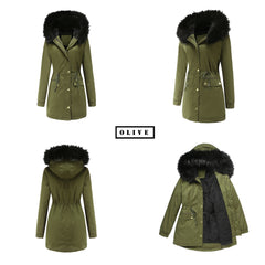 Women Fleece Lined Fur Collar Hooded Warm Jacket