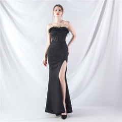 Elegant Feather Boning Corset Satin Evening Dress