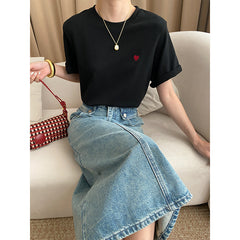 Heart Embroidered Shoulder Casual Short Sleeved T Shirt