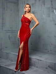 One Shoulder Wine Red Sequin Fishtail Evening Dress