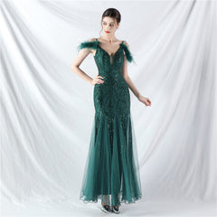 Elegant Ostrich Feather Mesh Sequin Evening Dress