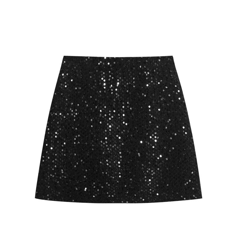 Black Shiny Crystal Sequin Short Skirt