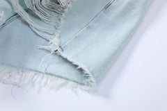 Light Blue Tassel Raw Hem Ripped A line Denim Shorts