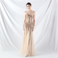 Elegant One Shoulder Beaded Floral Sequin Mesh Evening Dress